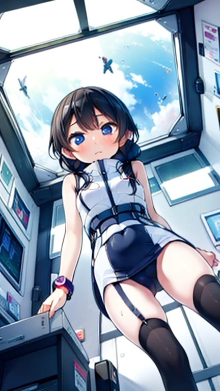(Highest quality), (masterpiece), 1080P, High resolution, 4K, 8k, Inside the space station、Futuristic room、Thigh straps, Shooting from directly below, The woman on top of me, Nipples, 白いSweat, Covered , Sweat, Woman looking down, Skirt swimsuit, Thigh-high socks, To achieve this, , , whole body, Black leather shoes, Braided hair, Inner Color, Embarrassed face, Short black hair, bracelet, Bedroom,celestial body_Vest