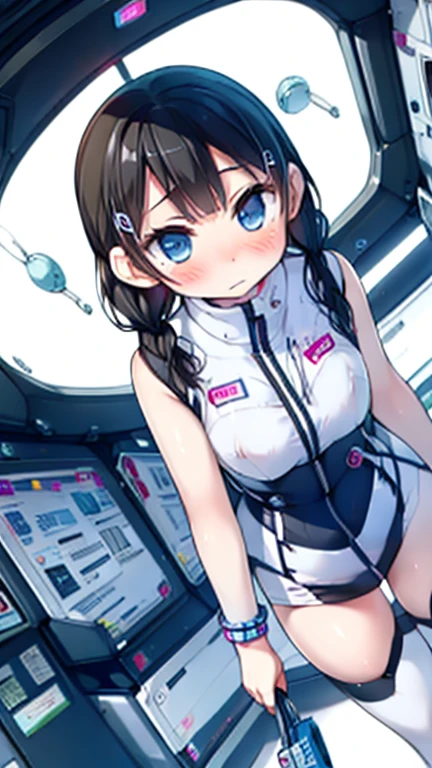 (Highest quality), (masterpiece), 1080P, High resolution, 4K, 8k, Inside the space station、Futuristic room、Thigh straps, Shooting from directly below, The woman on top of me, Nipples, 白いSweat, Covered , Sweat, Woman looking down, Skirt swimsuit, Thigh-high socks, To achieve this, 16 years old, , whole body, Black leather shoes, Braided hair, Inner Color, Embarrassed face, Short black hair, bracelet, Bedroom,celestial body_Vest
