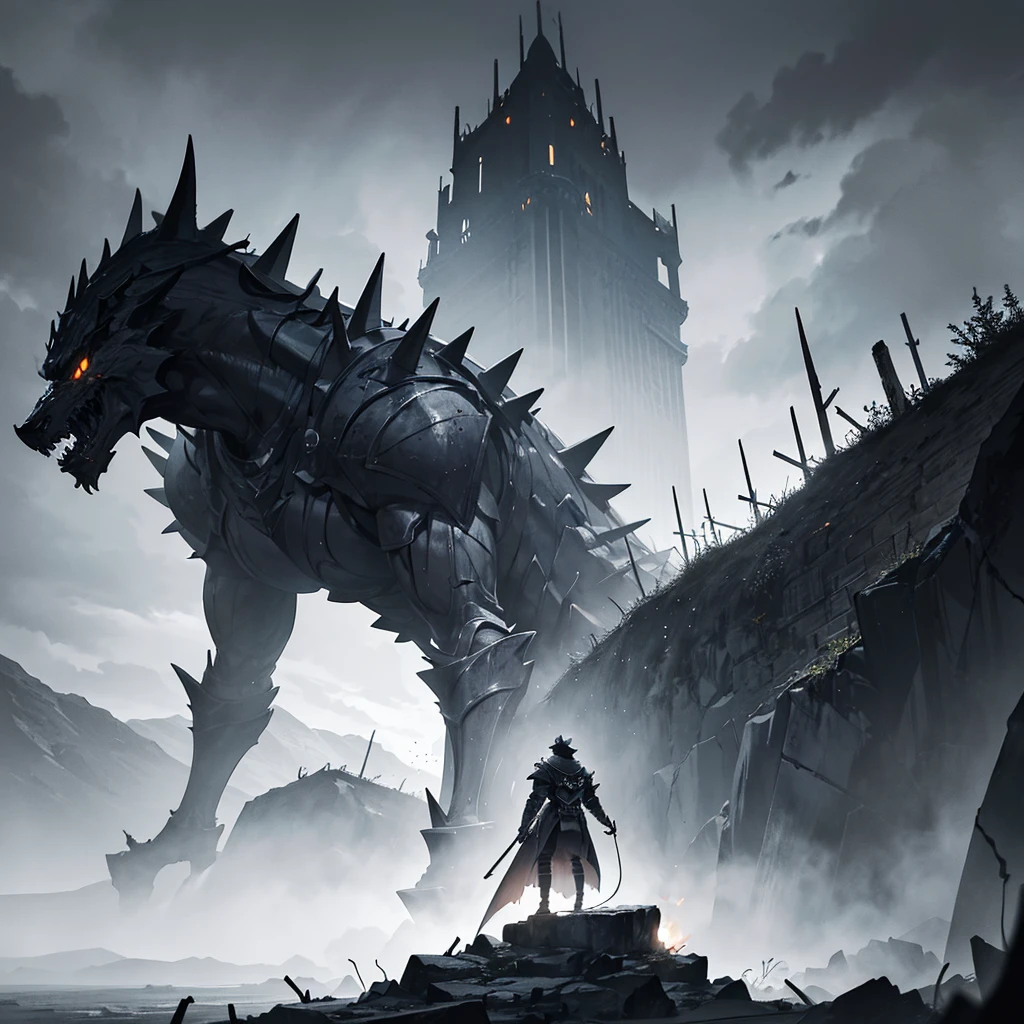 In a dark, foreboding landscape shrouded in mist and shadow, a young knight stands bravely against a monstrous foe. The scene is set in a desolate, rocky terrain under a stormy night sky, with flashes of lightning illuminating the battleground. The knight, wearing gleaming medieval armor, holds a sword in one hand and a shield in the other, his stance ready for combat. His face shows determination and courage as he confronts his adversary. The monster, reminiscent of Doomsday, towers over the knight, with jagged spikes protruding from its massive frame, eyes glowing menacingly. Its skin is rough and cracked, resembling stone, with a formidable, muscular build. Around them, the wind howls, and debris is scattered across the ground, adding to the chaotic energy of the scene. In the background, twisted, barren trees and jagged rocks create a sense of desolation and danger. The atmosphere is tense, charged with anticipation, as the clash between human and beast unfolds in this eerie, dramatic setting.