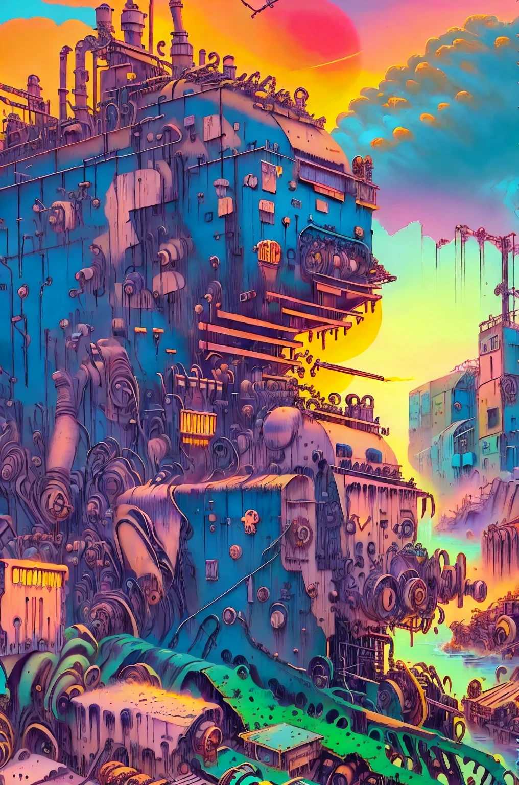 long shot: 1.3, masterpiece, ((industrial city scene with sky with sunset: 1.5)),(( machinery, metal: 1.5)), very beautiful Digital art, Digital art. very detailed and very detailed magical fantasy, colorful digital fantasy art, highly detailed Digital art, beautiful and gorgeous Digital art, very detailed digital painting, 32K