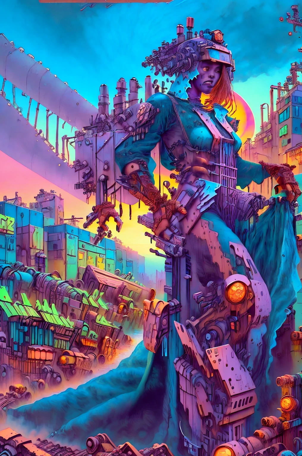 long shot: 1.3, masterpiece, ((industrial city scene with sky with sunset: 1.5)),(( machinery, metal: 1.5)), very beautiful Digital art, Digital art. very detailed and very detailed magical fantasy, colorful digital fantasy art, highly detailed Digital art, beautiful and gorgeous Digital art, very detailed digital painting, 32K