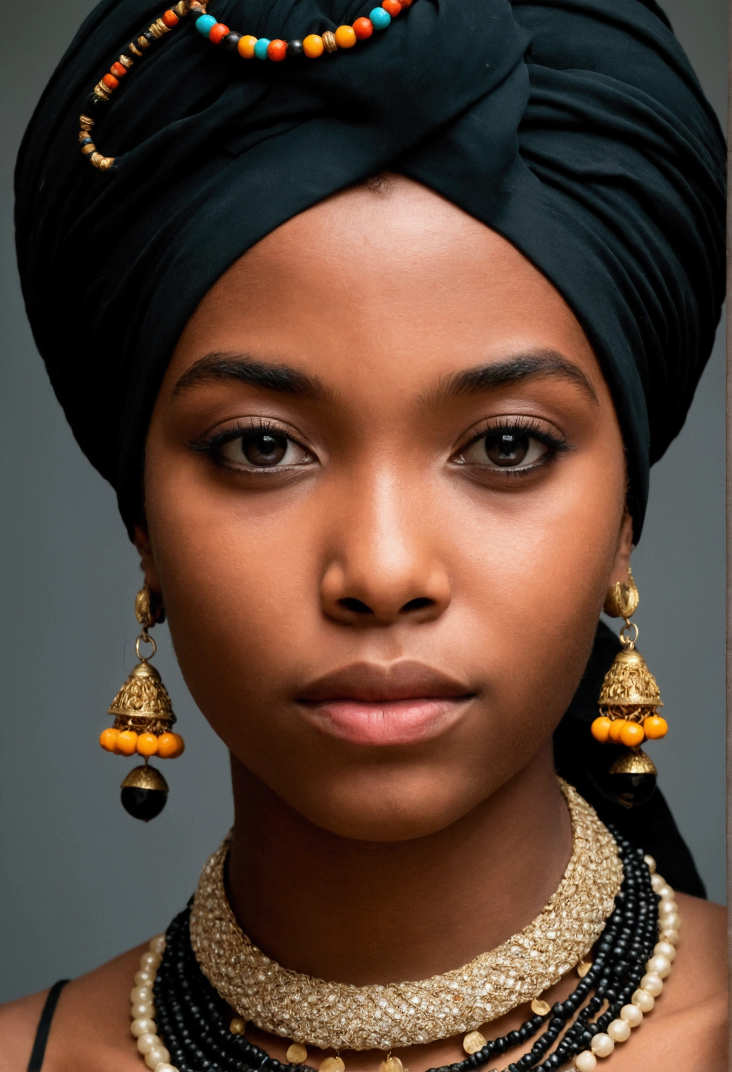 Portrait d'une jeune femme noire de l'ethnie Mélanésiens de la Papouasie-Nouvelle-Guinée, look dramatique, avec colliers et turban coloré sur la tête, hyper détaillé, détails, Hyper-résolution, lèvres très pulpeuse 
