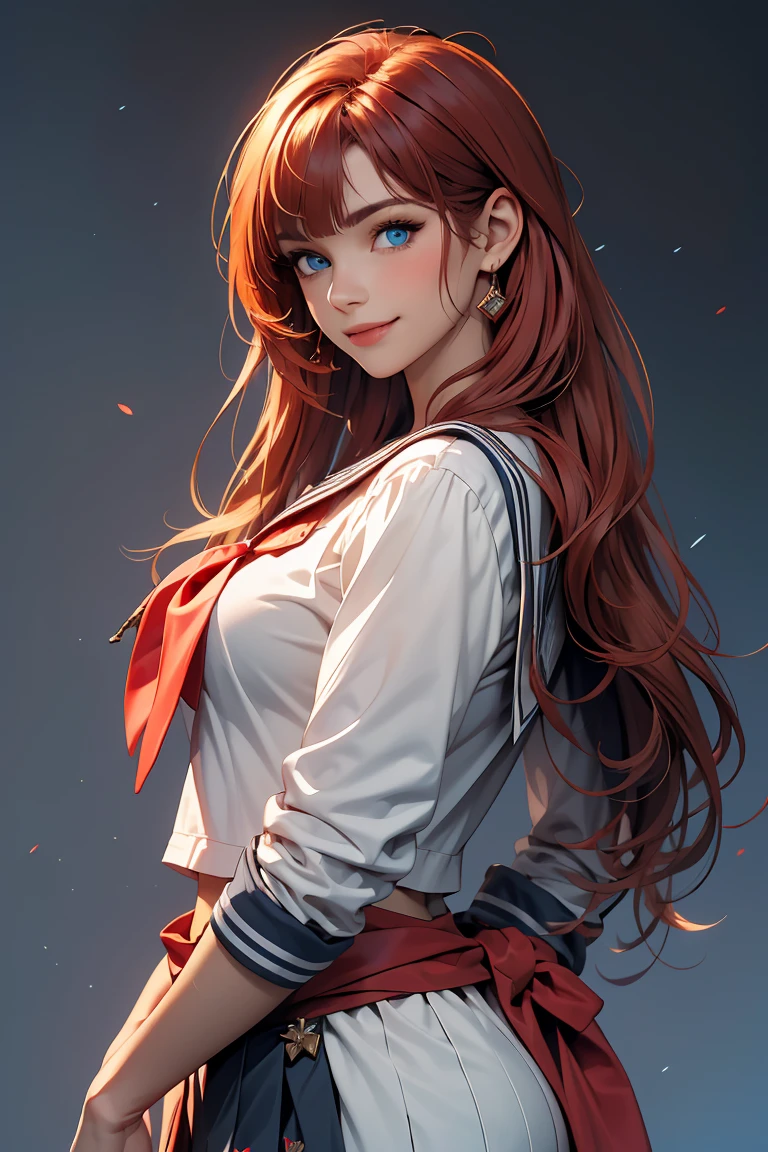 masterpiece, Highest quality, High resolution, Super detailed, smile, Woman with long red hair and bangs, Bright Blue Eyes, Beautiful girl looking at the camera, Sailor Warrior Uniforms,Front view,