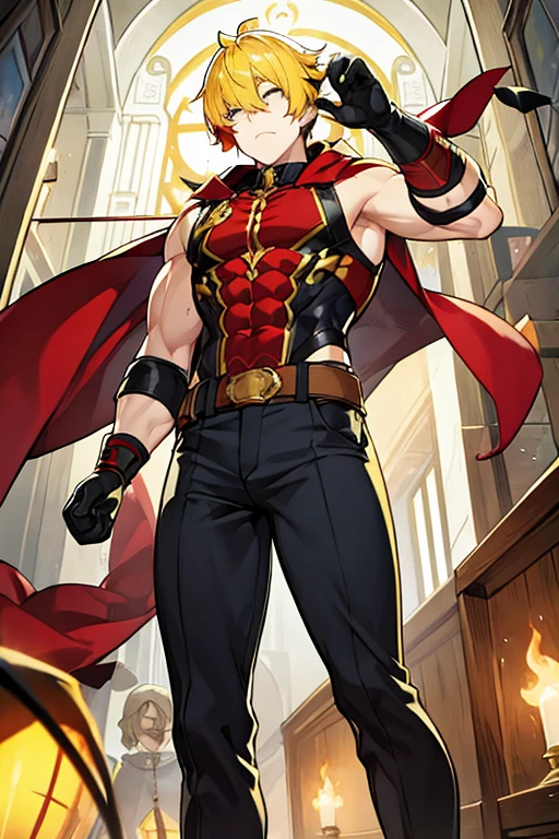 man, muscular, short yellow hair, red hood that covers his eyes, black gloves, muscular