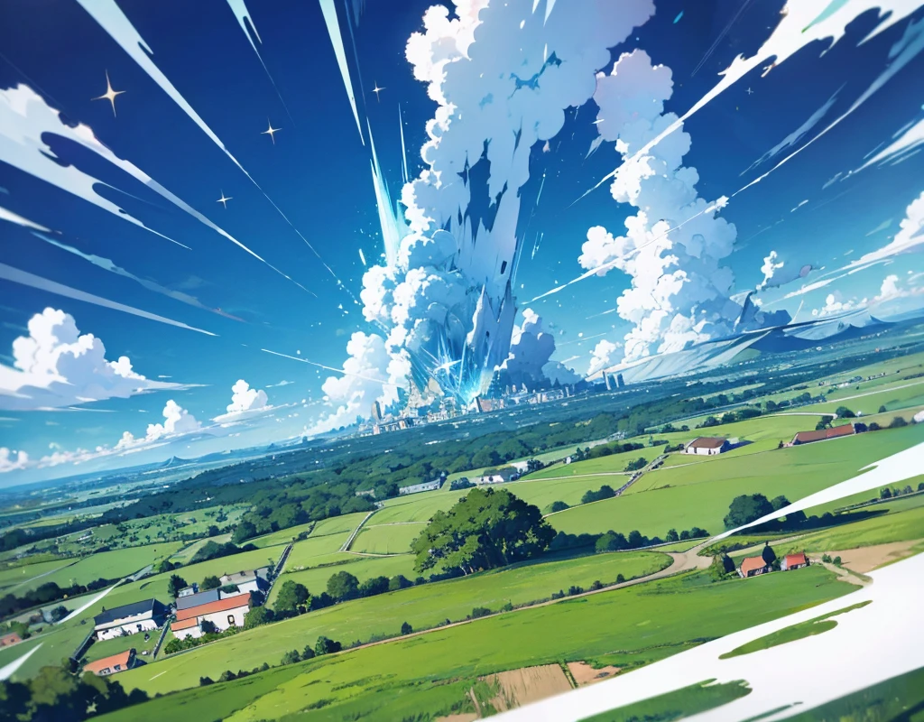 Cartoon tornado, clear skies, sparkling grassland