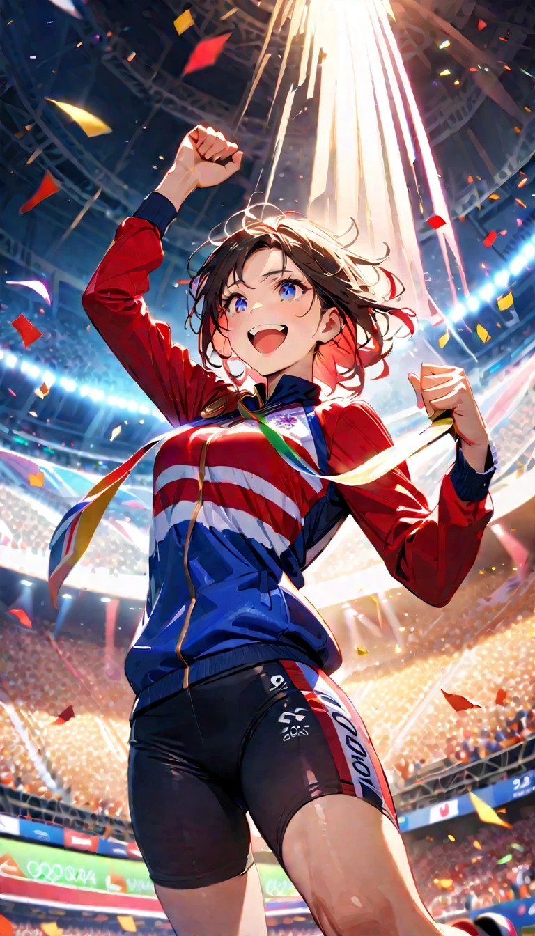 masterpiece, Best Quality, Super detailed, High Definition, HdR, depth, fine texture, super fine, Complete concentration, Award-winning moment, emotional expression, athlete holding a gold medal, olympic podium, dramatic lighting, screaming crowd, falling confetti, happiness tears, triumphant smile, sports uniform, celebration atmosphere, intricate details, volumetric lighting, Lens flare, cinematic light, vibrant colors, vivid colors, professional, ultra detailed, intricate details, dynamic composition, depth de campo, Detailed textures, triumphant pose, Feeling of achievement, Olympic Games 2024 Paris, olympic hoops, proud moment, gold medal ceremony