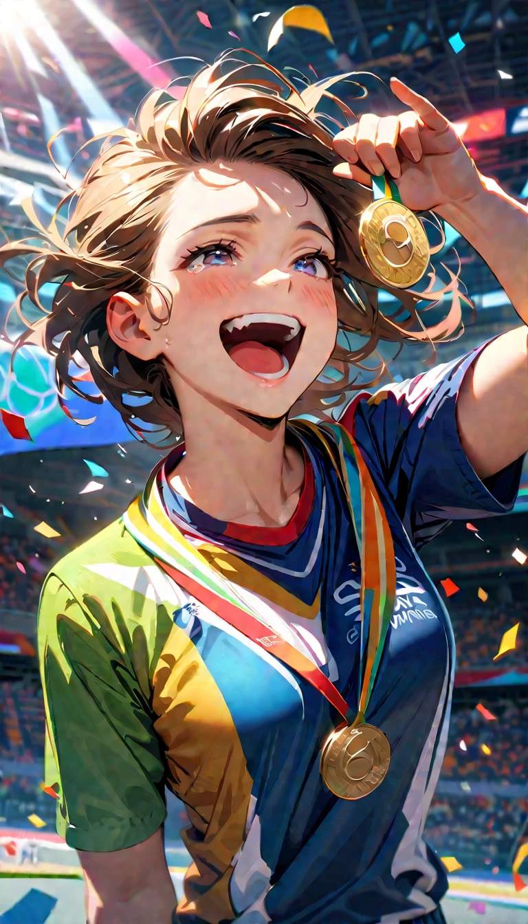 masterpiece, Best Quality, Super detailed, High Definition, HdR, depth, fine texture, super fine, Complete concentration, Award-winning moment, emotional expression, athlete holding a gold medal, olympic podium, dramatic lighting, screaming crowd, falling confetti, happiness tears, triumphant smile, sports uniform, celebration atmosphere, intricate details, volumetric lighting, Lens flare, cinematic light, vibrant colors, vivid colors, professional, ultra detailed, intricate details, dynamic composition, depth de campo, Detailed textures, triumphant pose, Feeling of achievement, Olympic Games 2024 Paris, olympic hoops, proud moment, gold medal ceremony