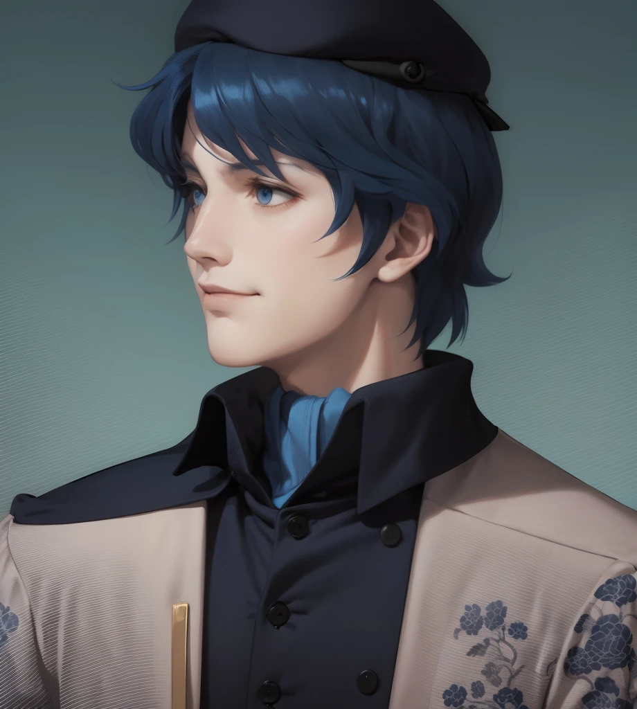 illustration of a man, blue clothes, an illustration inspired by Kanō Hōgai, tumblr, romanticism, yang wen-li, portrait, dark-blue hair, the sandman from graphic novel, deep focus, wearing navy-blue beret, dark blue jacket, fastened with buttons down the front, with a high collar and structured fit. The jacket features shoulder insignias and two breast pockets with button flaps. Underneath the jacket, he wears a light-colored scarf that adds elegance, golden buttons