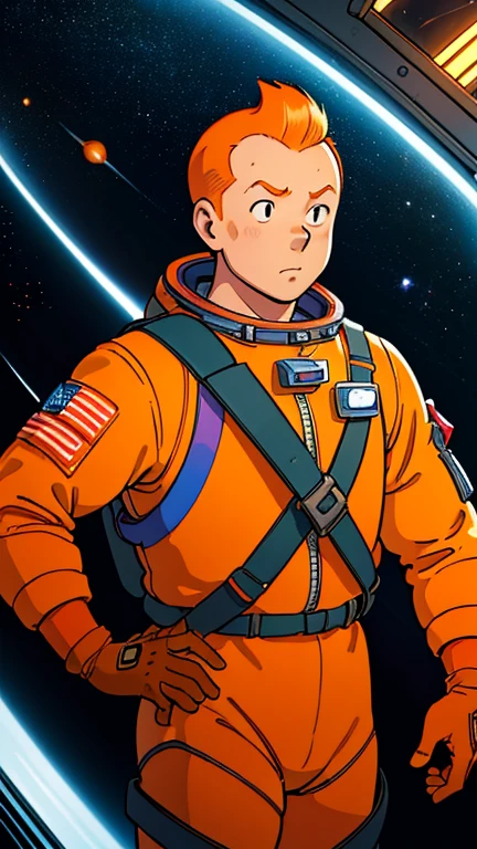 (Teens:1man: Tintin), (extremely detailed CG unit 8k wallpaper),(master part), (best quality), (ultra detali), (best illustration),(takahashi rumiko), cowboy shot, (Sharp eyeliner, ombre, detailed eyes:1),Dark midnight derelict spaceship interiors background, ,break , (astronaut in an orange space suit), upper body, short hair, orange hair