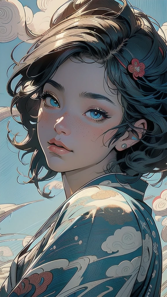 (((masterpiece, highest quality))),,(((solo:1.2))),(((1girl:1.2))),32k wallpaper, very detailed, poster, vintage science fiction,(((((portfolio))))),(((((Close-up))))),(((((bust up))))),((((more various angle)))),((((highlight)))),((((heterochromia)))),(((complete. detailed face))),(((detailed unlimited complete equipment : great ocean))),(((((Absolutely Realistic Clouds background))))),(((Texture for people : halftone))),((Open your mouth wide)),(((Wind God and Thunder God))),(((Ukiyo-e))),