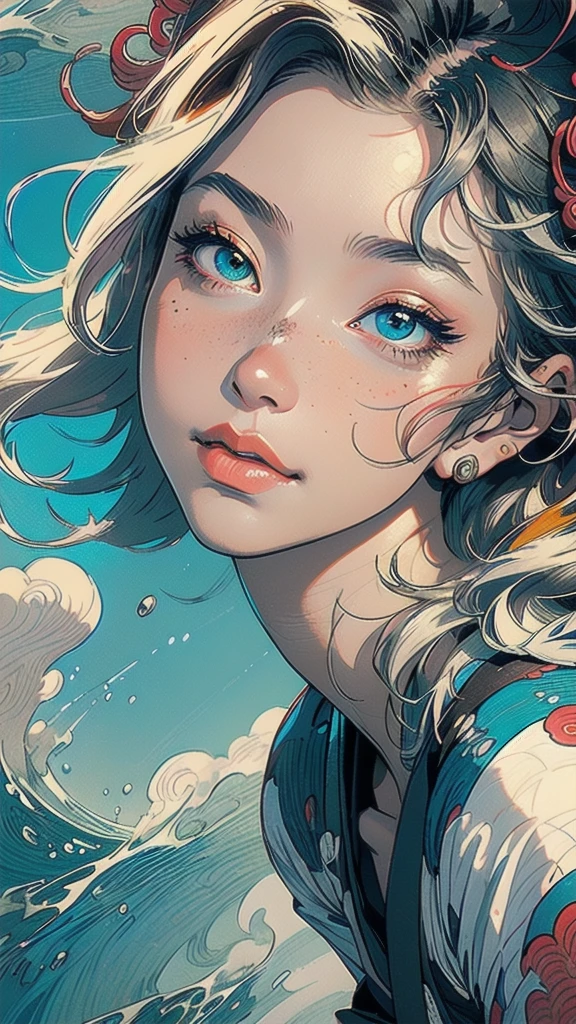 (((masterpiece, highest quality))),,(((solo:1.2))),(((1girl:1.2))),32k wallpaper, very detailed, poster, vintage science fiction,(((((portfolio))))),(((((Close-up))))),(((((bust up))))),((((more various angle)))),((((highlight)))),((((heterochromia)))),(((complete. detailed face))),(((detailed unlimited complete equipment : great ocean))),(((((Absolutely Realistic Clouds background))))),(((Texture for people : halftone))),((Open your mouth wide)),(((Wind God and Thunder God))),(((Ukiyo-e))),
