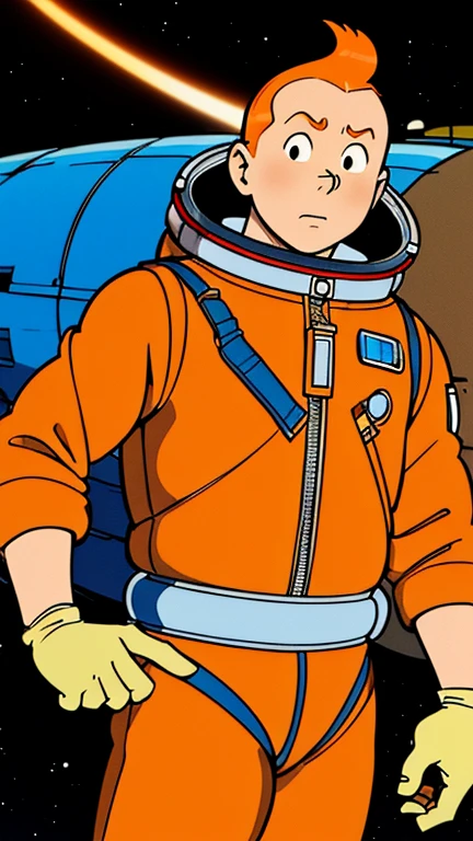 (Teens:1man: Tintin), (extremely detailed CG unit 8k wallpaper),(master part), (best quality), (ultra detali), (best illustration),(Osamu Tezuka), cowboy shot, (Sharp eyeliner, ombre, detailed eyes:1),Dark midnight derelict spaceship interiors background, ,break , (astronaut in an orange space suit), upper body, short hair, orange hair