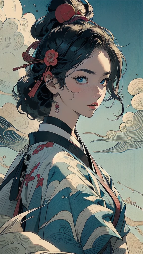 (((masterpiece, highest quality))),,(((solo:1.2))),(((1girl:1.2))),32k wallpaper, very detailed, poster, vintage science fiction,(((((portfolio))))),(((((Close-up))))),(((((bust up))))),((((more various angle)))),((((highlight)))),((((heterochromia)))),(((complete. detailed face))),(((detailed unlimited complete equipment : great ocean))),(((((Absolutely Realistic Clouds background))))),(((Texture for people : halftone))),((Open your mouth wide)),(((Wind God and Thunder God))),(((Ukiyo-e))),