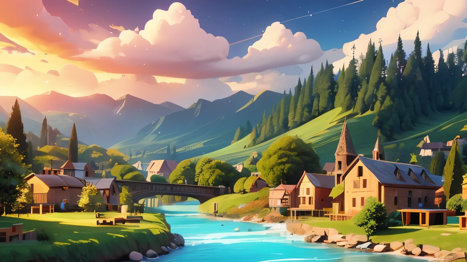 a small village nestled between rolling hills and a sparkling river