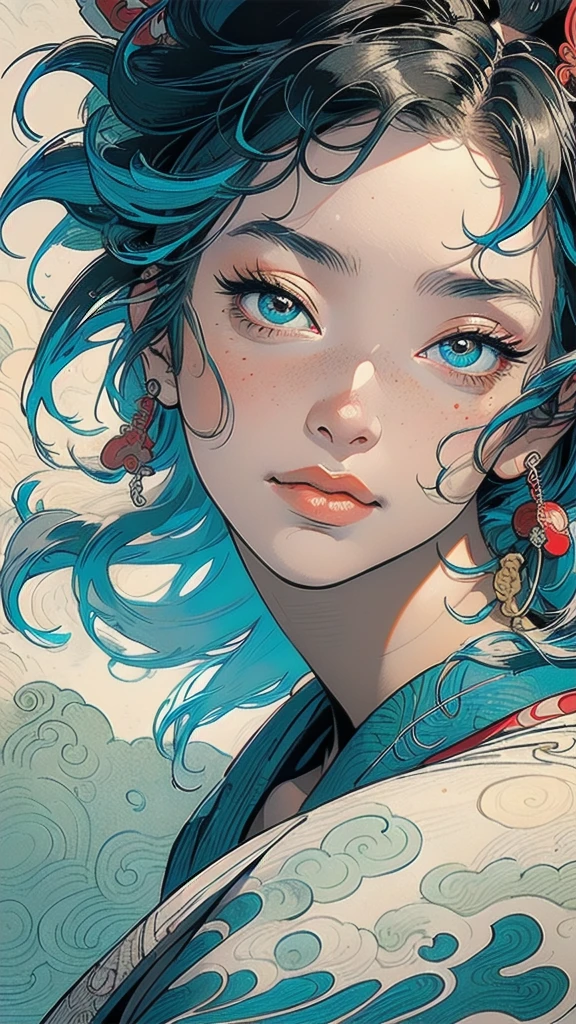 (((masterpiece, highest quality))),,(((solo:1.2))),(((1girl:1.2))),32k wallpaper, very detailed, poster, vintage science fiction,(((((portfolio))))),(((((Close-up))))),(((((bust up))))),((((more various angle)))),((((highlight)))),((((heterochromia)))),(((complete. detailed face))),(((detailed unlimited complete equipment : great ocean))),(((((Absolutely Realistic Clouds background))))),(((Texture for people : halftone))),((Open your mouth wide)),(((Wind God and Thunder God))),(((Ukiyo-e))),
