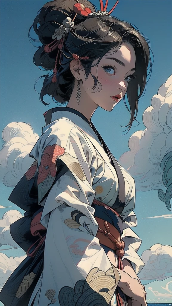 (((masterpiece, highest quality))),,(((solo:1.2))),(((1girl:1.2))),32k wallpaper, very detailed, poster, vintage science fiction,(((((portfolio))))),(((((Close-up))))),(((((bust up))))),((((more various angle)))),((((highlight)))),((((heterochromia)))),(((complete. detailed face))),(((detailed unlimited complete equipment : great ocean))),(((((Absolutely Realistic Clouds background))))),(((Texture for people : halftone))),((Open your mouth wide)),(((Wind God and Thunder God))),(((Ukiyo-e))),