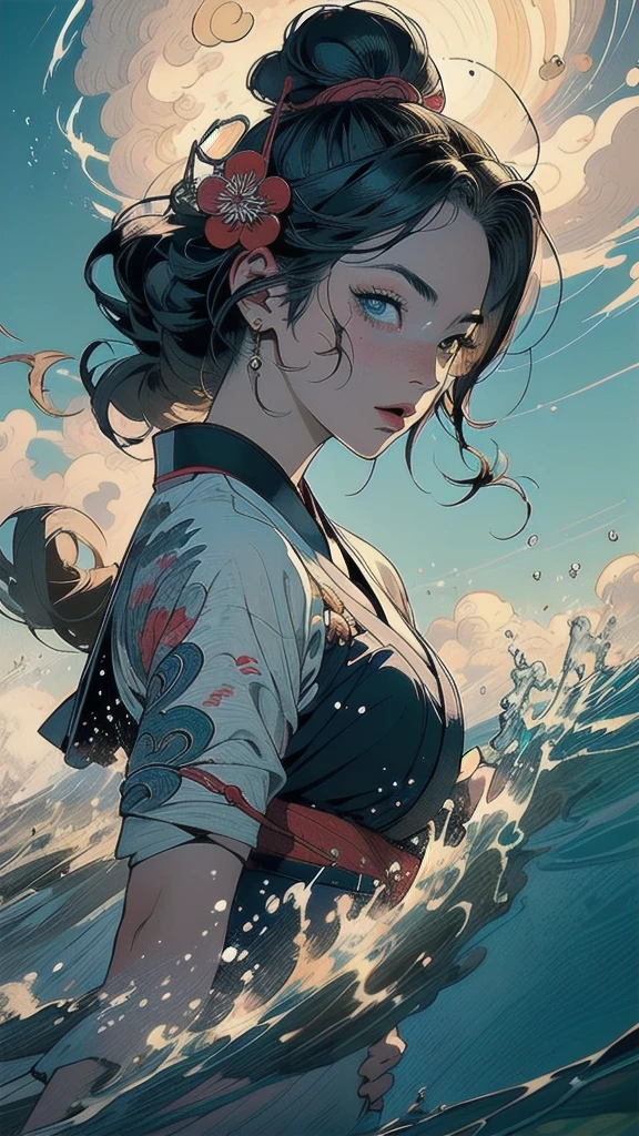 (((masterpiece, highest quality))),,(((solo:1.2))),(((1girl:1.2))),32k wallpaper, very detailed, poster, vintage science fiction,(((((portfolio))))),(((((Close-up))))),(((((bust up))))),((((more various angle)))),((((highlight)))),((((heterochromia)))),(((complete. detailed face))),(((detailed unlimited complete equipment : great ocean))),(((((Absolutely Realistic Clouds background))))),(((Texture for people : halftone))),((Open your mouth wide)),(((Wind God and Thunder God))),(((Ukiyo-e))),