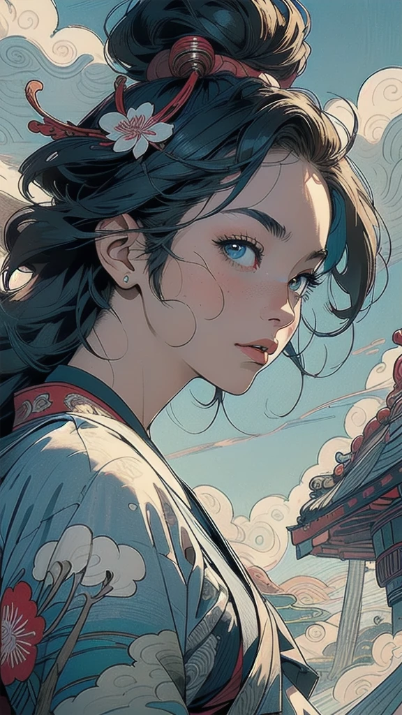 (((masterpiece, highest quality))),,(((solo:1.2))),(((1girl:1.2))),32k wallpaper, very detailed, poster, vintage science fiction,(((((portfolio))))),(((((Close-up))))),(((((bust up))))),((((more various angle)))),((((highlight)))),((((heterochromia)))),(((complete. detailed face))),(((detailed unlimited complete equipment : great ocean))),(((((Absolutely Realistic Clouds background))))),(((Texture for people : halftone))),((Open your mouth wide)),(((Wind God and Thunder God))),(((Ukiyo-e))),