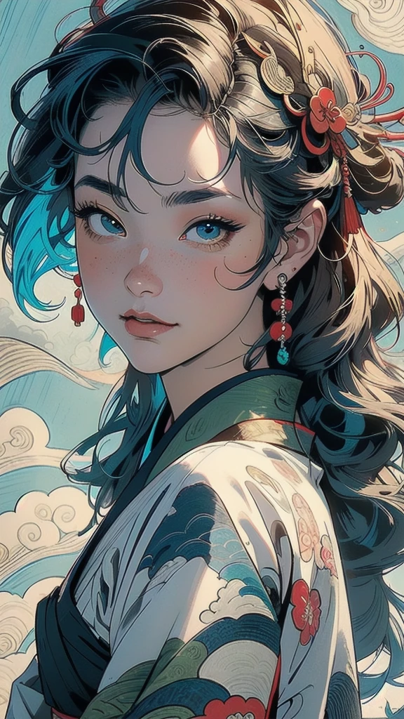 (((masterpiece, highest quality))),,(((solo:1.2))),(((1girl:1.2))),32k wallpaper, very detailed, poster, vintage science fiction,(((((portfolio))))),(((((Close-up))))),(((((bust up))))),((((more various angle)))),((((highlight)))),((((heterochromia)))),(((complete. detailed face))),(((detailed unlimited complete equipment : great ocean))),(((((Absolutely Realistic Clouds background))))),(((Texture for people : halftone))),((Open your mouth wide)),(((Wind God and Thunder God))),(((Ukiyo-e))),