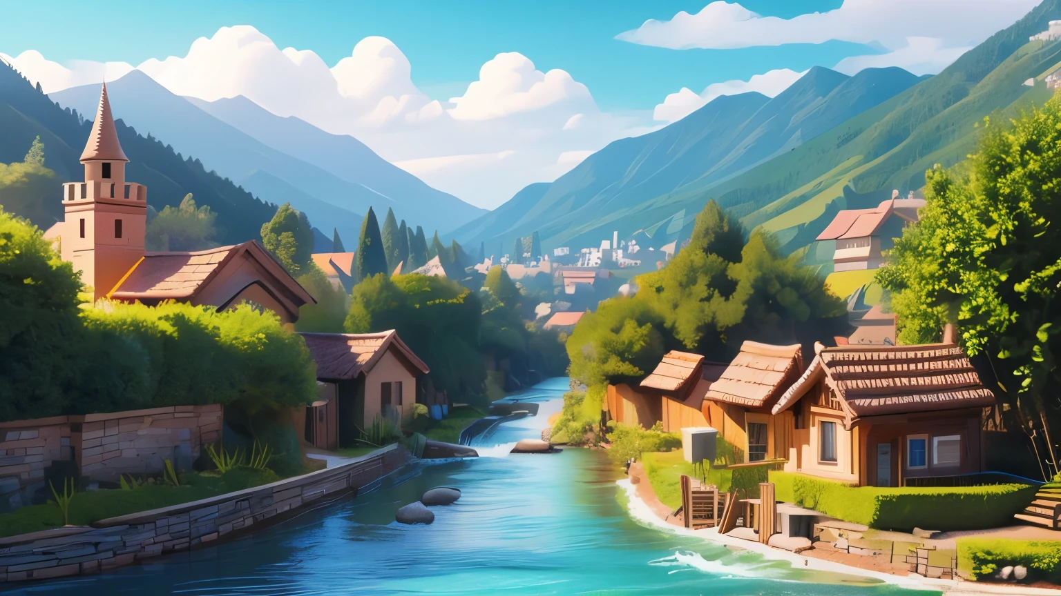 a small village nestled between rolling hills and a sparkling river