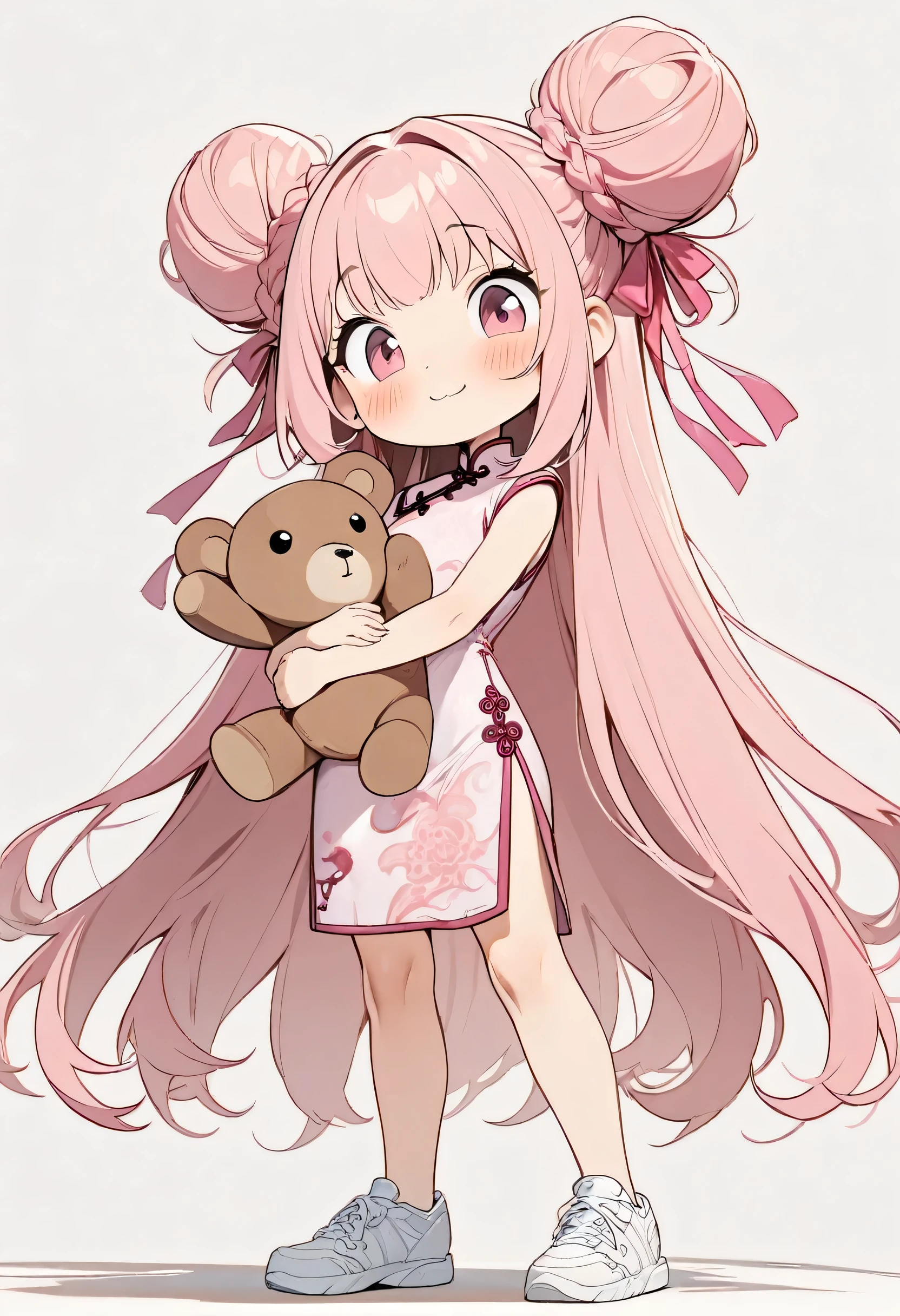 (masterpiece, Highest quality:1.2), Cartoon style character design。A girl holding a teddy bear, alone,Big eyes,Cute expression,(((Very long hair)))、Two buns hair, (Hair Ribbon:0.4), Pink Eyes,(((White bun hair))),(((Pink long hair))),smile,China dress,White sneakers,stand,interesting,interesting,Clean Lines