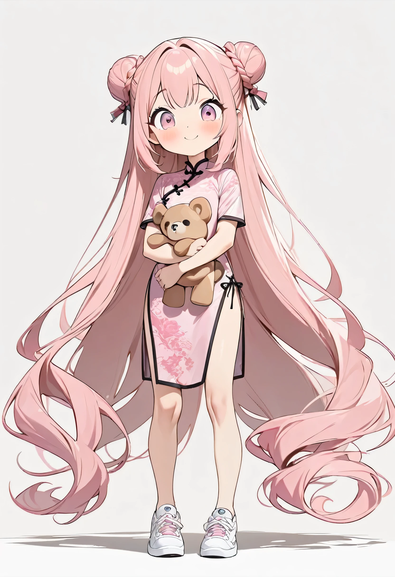 (masterpiece, Highest quality:1.2), Cartoon style character design。A girl holding a teddy bear, alone,Big eyes,Cute expression,(((Very long hair)))、Two buns hair, (Hair Ribbon:0.4), Pink Eyes,(((White bun hair))),(((Pink long hair))),smile,China dress,White sneakers,stand,interesting,interesting,Clean Lines