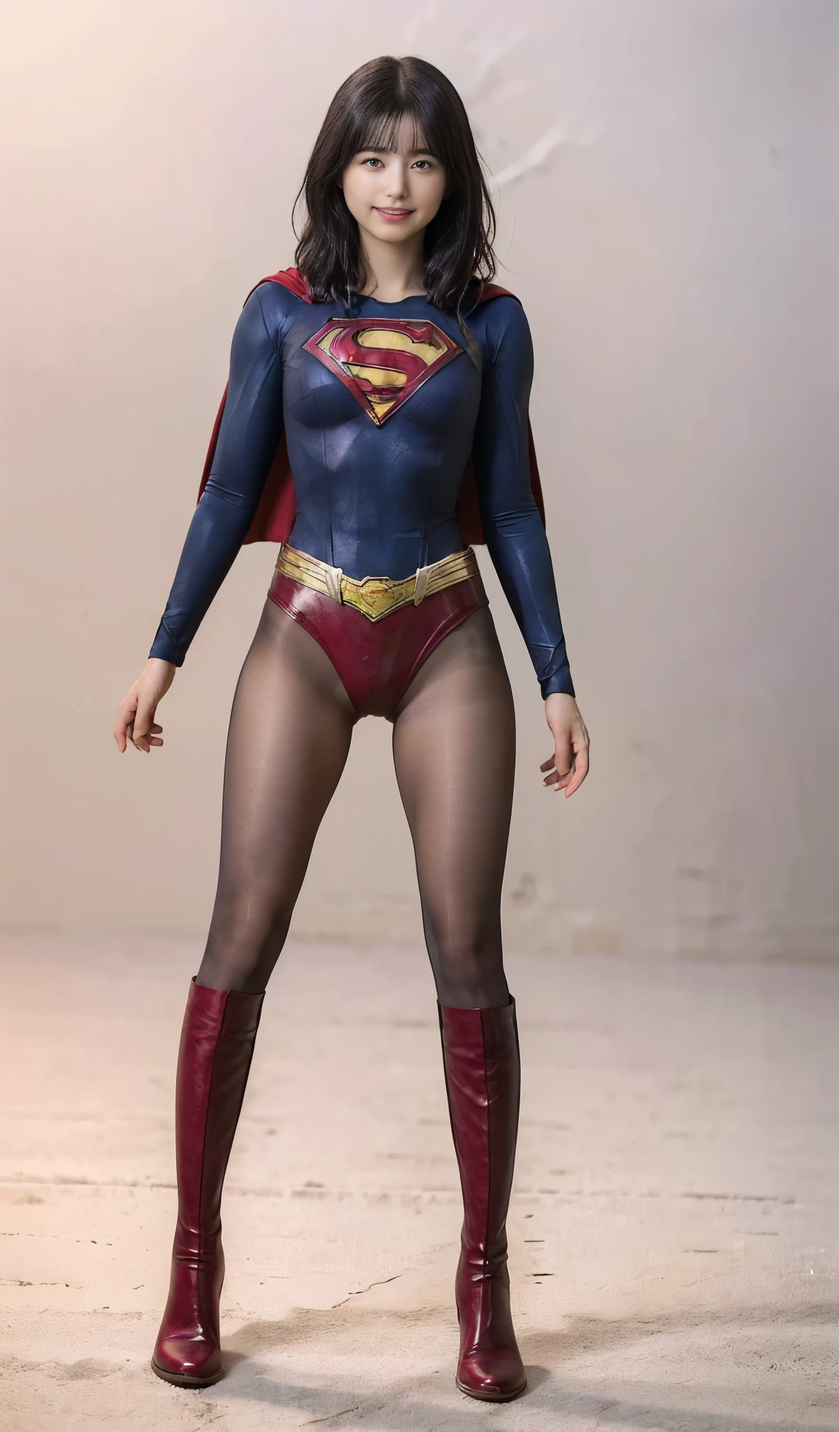 No background、She always has her mouth open、She always has a sad look on her face、Always close your eyes、(((Beautiful legs in black tights.)))、(((Stretch your legs、expensive、Showing a beautiful smile)))、((((Make the most of your original images)))、(((Supergirl Costume)))、(((Beautiful Short Hair)))、(((Suffering face)))、(((Black tights legs、Wear red boots)))、((Best image quality、8k))、((Highest quality、8k、masterpiece:1.3))、(((Preserve background )))、Sharp focus:1.2、Beautiful woman with perfect figure:1.4、Slim Abs:1.2、Wet body:1.5、Highly detailed face and skin texture、8k