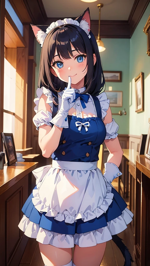 best quality, masterpiece, extremely detailed, adorable girl in a blue and white cat-themed maid outfit, with cat ears, a tail, and paw gloves, posing with a playful expression, standing in front of a vintage cafe, cinematic composition, trending on ArtStation, adorable smile