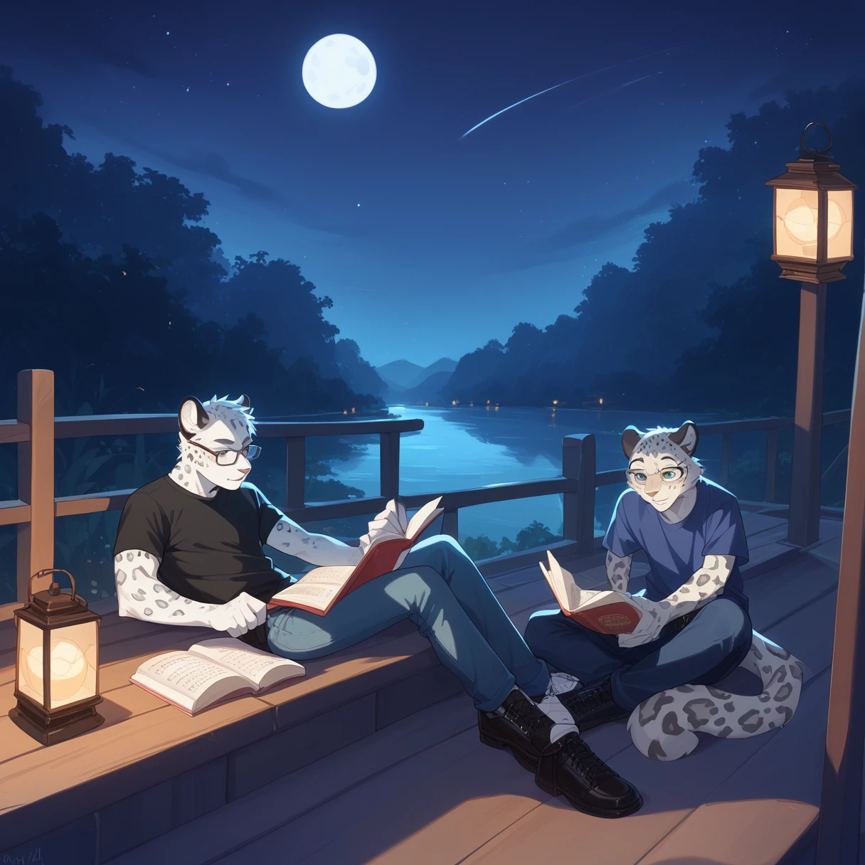 Furry、White Leopard Boy、（Reading a book on a canoe、Wearing glasses、shirt、jeans、Leather shoes、river、night、Lantern light、star、moon、night）