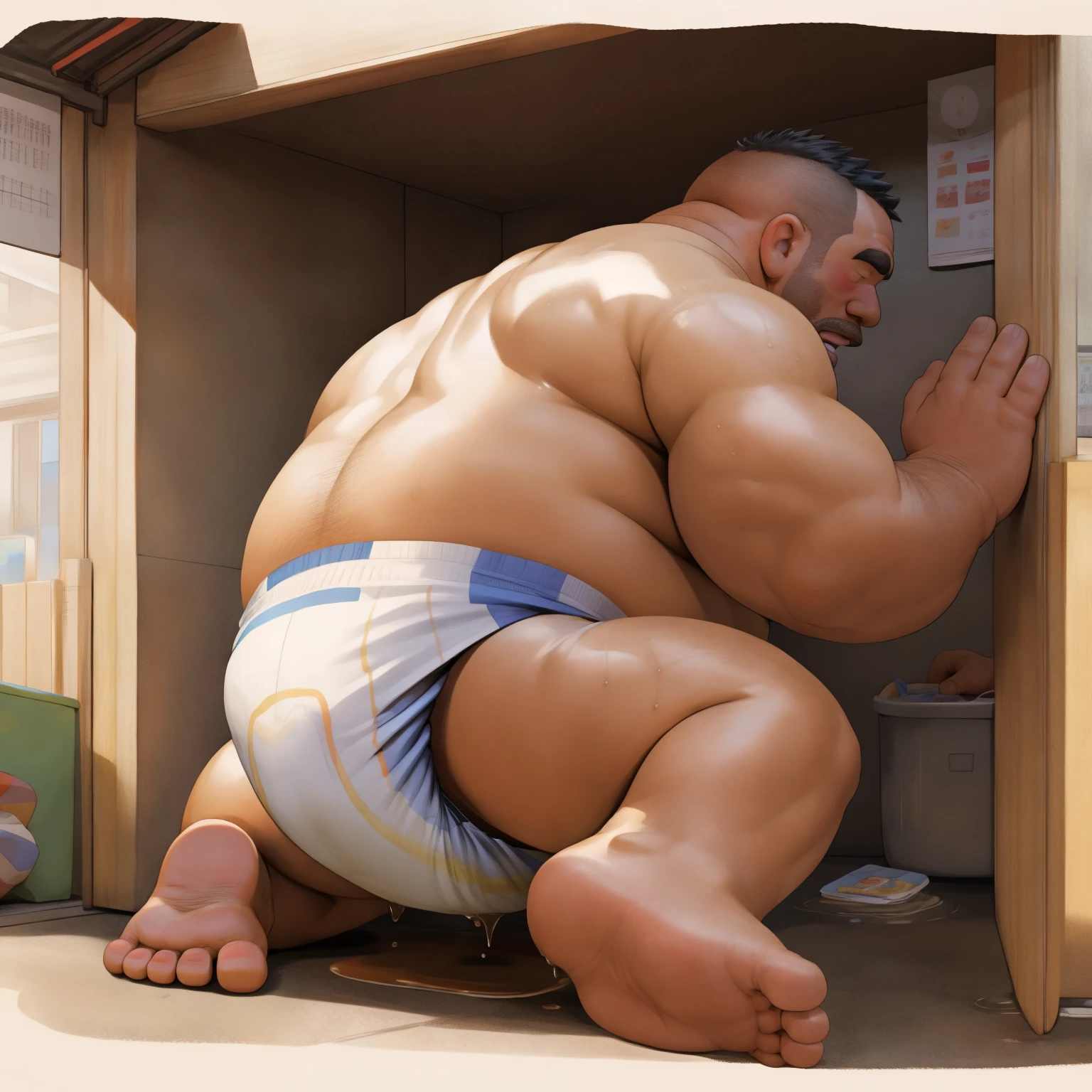 masterpiece, Top quality, in 32K, perfect anatomy, hyper detailed, super fine illustration, The thick man is a brutal prisoner, ????????, hairy human, 50yo in Japan, (fatness: 1.0), Fatty muscle, Bowleg, disappointment, incontinent, be diaper check by children, waddle, There is a small puddle under him, incontinent, Naked, short legs, Bowleg, spread legs, wear a White cloth Diaper, Bare belly, Bare legs, Bare foots, Bare soles, Shirtless, wide forehead and short thinning hair, Man with round face with stubble, Bare foots, Bare soles, shy, ?????, Weaker than children, Drool, Round face, steams, Solo, He enters nursery school and is despised by children, He surrounded by children, His bottom is wet, Bare foots, big butt, he is scolded by the children, White Diaper, He surrounded by children, sobbing, wear a White cloth Diaper, shirtless, There is a small puddle under him, He enters nursery school and is despised by children, big butt, sobbing, He crawling to go to children, on all fours, side view