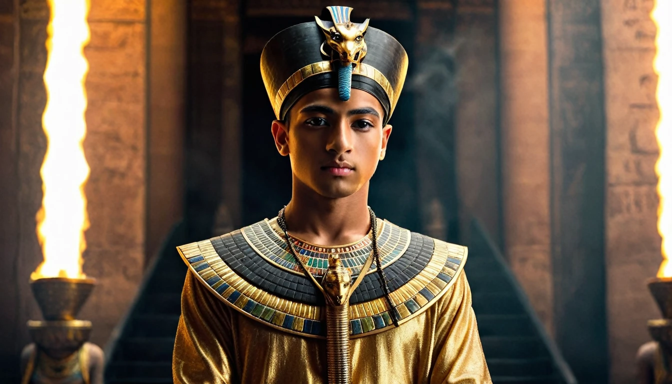 A captivating, cinematic portrait of an Egyptian pharaoh and a read black cat . Young Pharaoh Tutankhamun, with 18 years, has short black and white hair and wears a golden crown intricately adorned with a golden serpent. He is dressed in a priestly robe and elaborate metallic accessories., encrusted with jewels, displaying his wealth and power. The background features a dark and impressive sacred temple, lit by torches that cast long, dramatic shadows. The atmosphere exudes mystery and historical significance, as if the spirit of Pharaoh is watching his eternal resting place., photo, cinematic