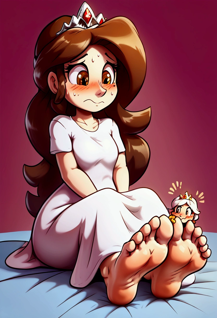 A_princess_with_big_feet (massive feet) gigantic_soles (giant toes) hair_color (brown hair) (white dress) eye_color (brown eyes) silver_tiara, ((embarrassed, cute, funny, adorable, masterpiece, high quality)) and a tiny person with a white t-shirt (micro, mini) sniffing_her_feet