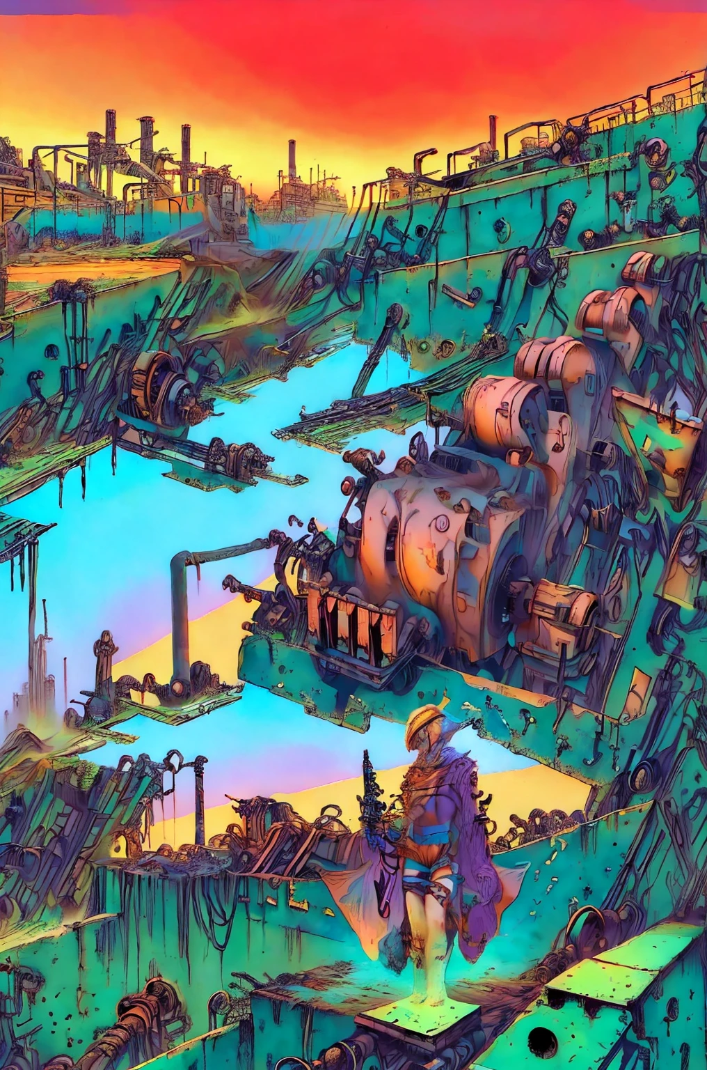 long shot: 1.3, masterpiece, ((industrial city scene with sky with sunset: 1.5)),(( machinery, metal: 1.5)), very beautiful Digital art, Digital art. very detailed and very detailed magical fantasy, colorful digital fantasy art, highly detailed Digital art, beautiful and gorgeous Digital art, very detailed digital painting, 32K