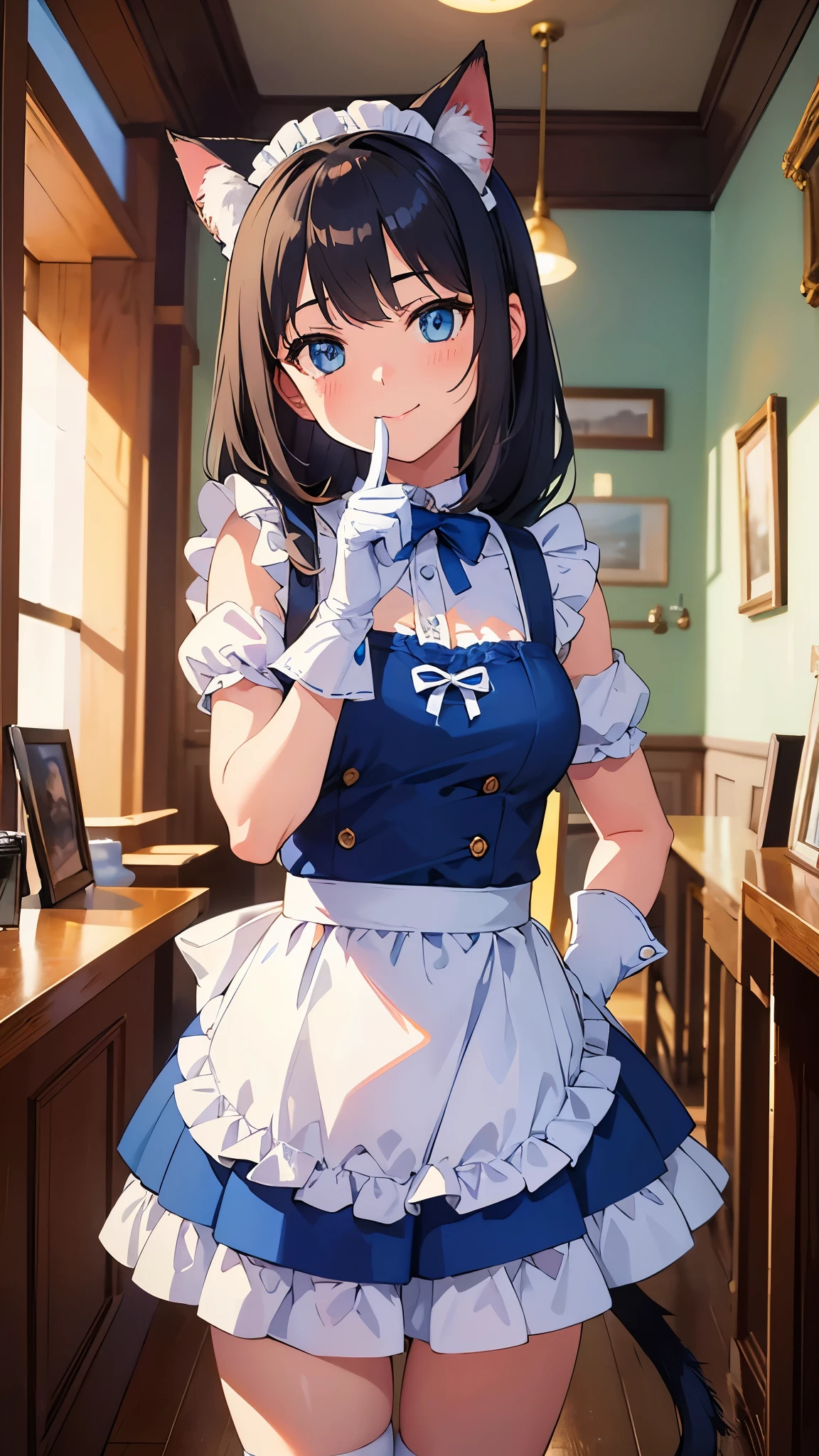 best quality, masterpiece, extremely detailed, adorable girl in a blue and white cat-themed maid outfit, with cat ears, a tail, and paw gloves, posing with a playful expression, standing in front of a vintage cafe, cinematic composition, trending on ArtStation, adorable smile