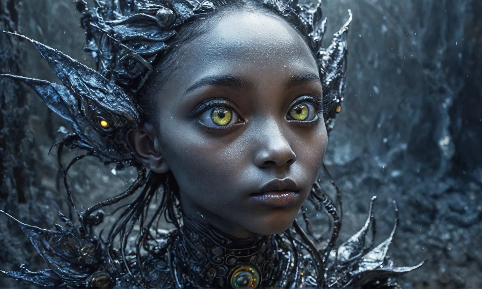 pretty face,eyebrow up,full body length shot,obsidian elf,full body length shot,very beggar niobium graphite The Alien Entity, babychild, wants eat,full body shot, of psychedelic style ,The iris looks weird, attractive, The stars in space is reflected in the pupil, goose down eyelashes, long wavy luminescent hair,insane baggy clothes,view from height,full-body-shot,High contrast,Masterpiece,Realistic,Ultra Detailed,intricate details,realistic humid skin,extremly intricate,realism,photorealism, cinematic style,irina yermolova,HDR,((Wangechi Quality)),ominous landscape,glate gray atmosphere,by art Simon Stalenhag,Nicola Samori,(((Wangechi Mutu))),prime colors,urban,extremely detailed,masterpiece,intricate details,faded,fish robot's eyes extremely detailed, high detailed eyes,16k resolution,RAW, Nikon Z9,scary ,goblin,Dubai of United Arab Emirates,Mestichino,Light particles,marble leather ,ink photography ,Mestichino,Light particles,chaos