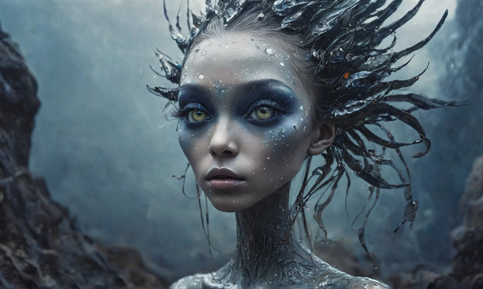 pretty face,eyebrow up,full body length shot,obsidian elf,full body length shot,very beggar niobium graphite The Alien Entity, babychild, wants eat,full body shot, of psychedelic style ,The iris looks weird, attractive, The stars in space is reflected in the pupil, goose down eyelashes, long wavy luminescent hair,insane baggy clothes,view from height,full-body-shot,High contrast,Masterpiece,Realistic,Ultra Detailed,intricate details,realistic humid skin,extremly intricate,realism,photorealism, cinematic style,irina yermolova,HDR,((Wangechi Quality)),ominous landscape,glate gray atmosphere,by art Simon Stalenhag,Nicola Samori,(((Wangechi Mutu))),prime colors,urban,extremely detailed,masterpiece,intricate details,faded,fish robot's eyes extremely detailed, high detailed eyes,16k resolution,RAW, Nikon Z9,scary ,goblin,Dubai of United Arab Emirates,Mestichino,Light particles,marble leather ,ink photography ,Mestichino,Light particles,chaos