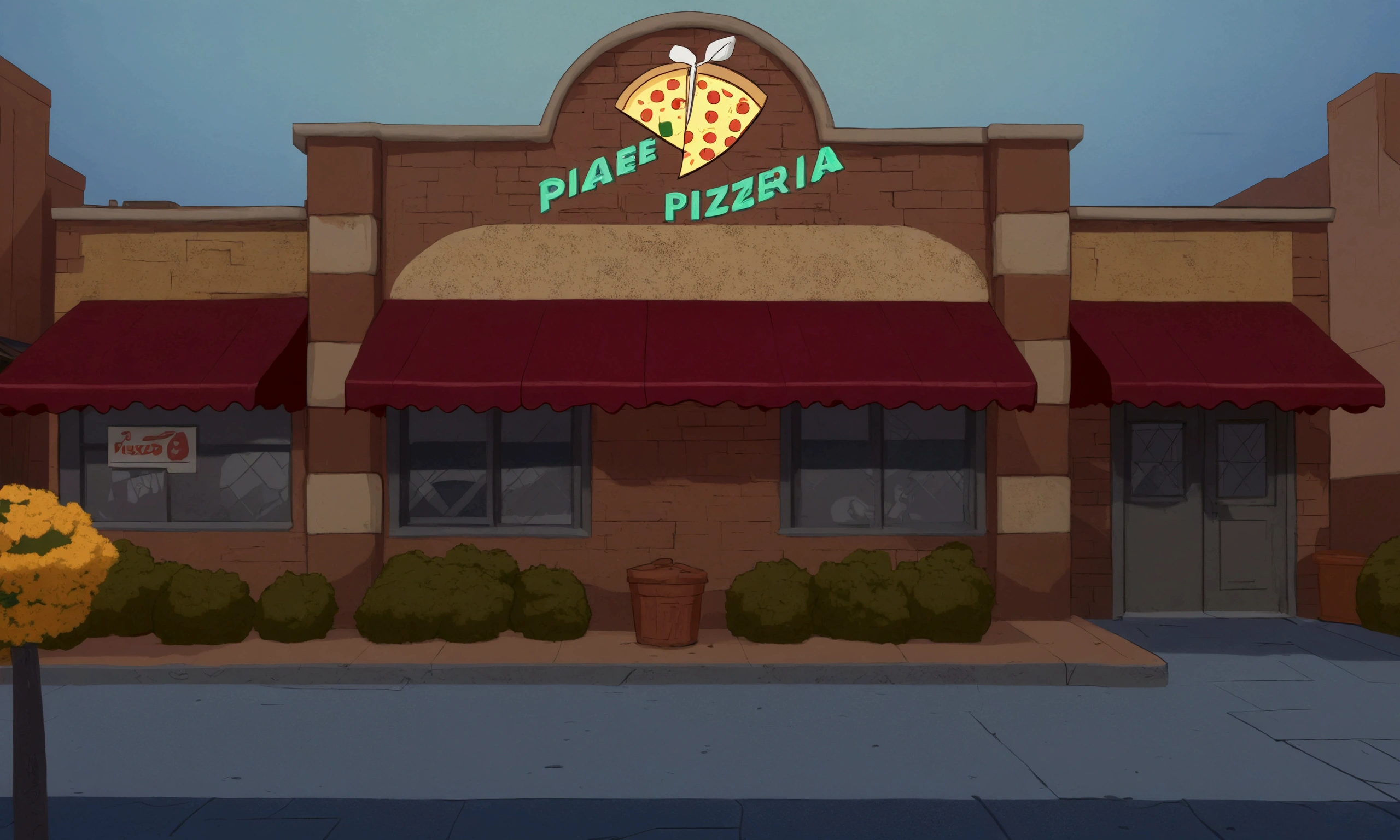 A pizzeria with bushes in front cartoon style