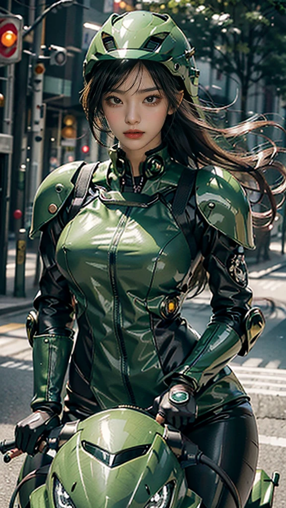 Highest image quality, outstanding details, ultra-high resolution, (realism: 1.4), the best illustration, favor details, highly condensed 1girl, with a delicate and beautiful face, dressed in a black and green mecha, wearing a mecha helmet, holding a directional controller, riding on a motorcycle, the background is a high-tech lighting scene of the future city.