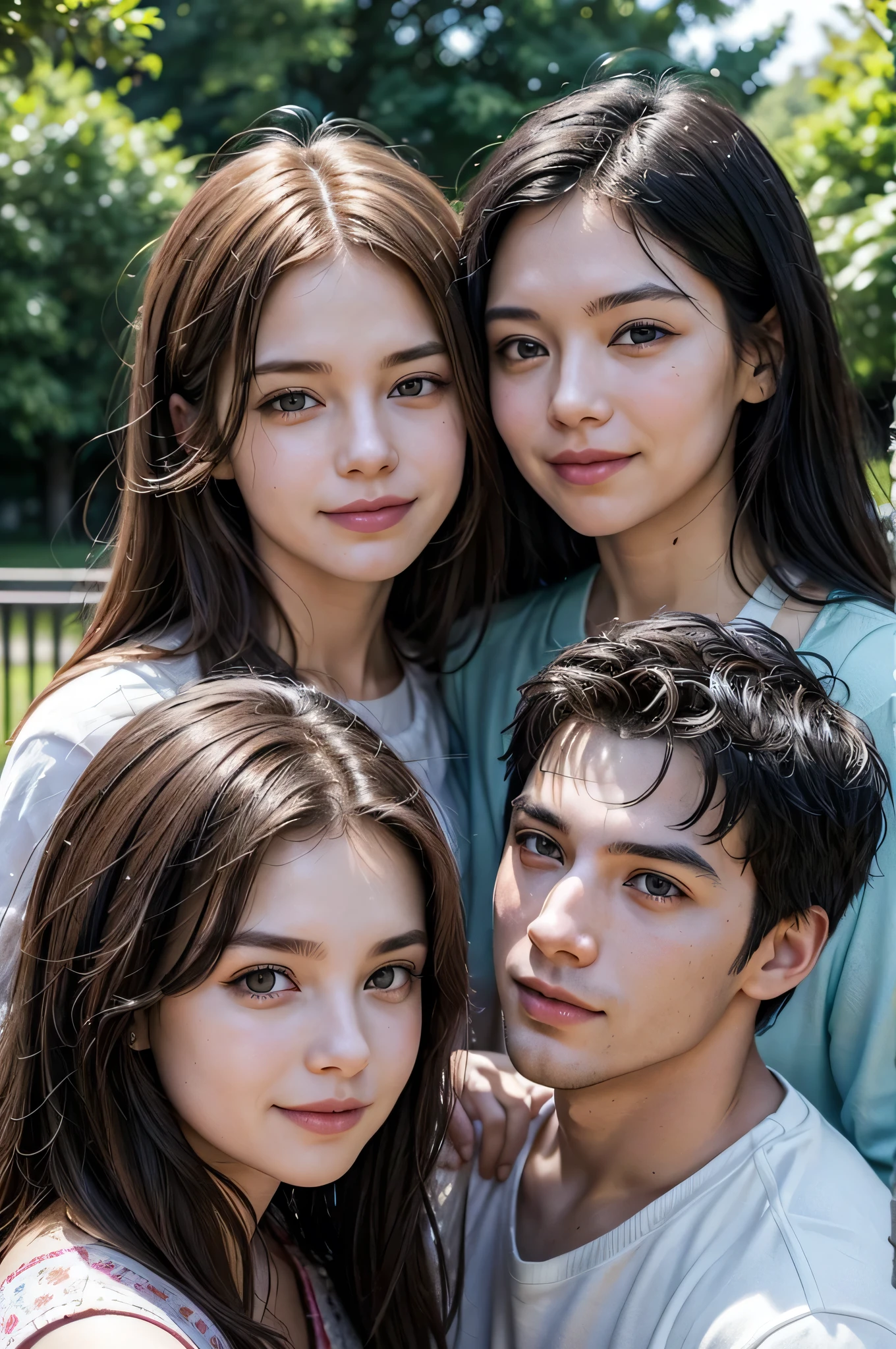 Description: Please generate a realistic image featuring a complete family consisting of a man and a woman who love each other and their two children. They should look very happy and joyful. The family should have a middle-class, Italo-Argentinian appearance and should be in the background of the image. The background should show a park on a sunny day and should be well appreciated. Ensure there is good lighting.
Colors: Use the following color palette:
Light Blue: #69CDFA
White
Additional Details:
Ensure the family members appear joyful and affectionate towards each other.
The scene should be detailed and visually appealing, capturing the warmth and happiness of the family.
The background should depict a park on a sunny day and should be well appreciated.
The overall image should be realistic, visually appealing, and refined.
The family should have the appearance of Argentine-Europeans, specifically Italo-Argentinians.
Take your time to ensure the image is highly detailed and well-crafted.