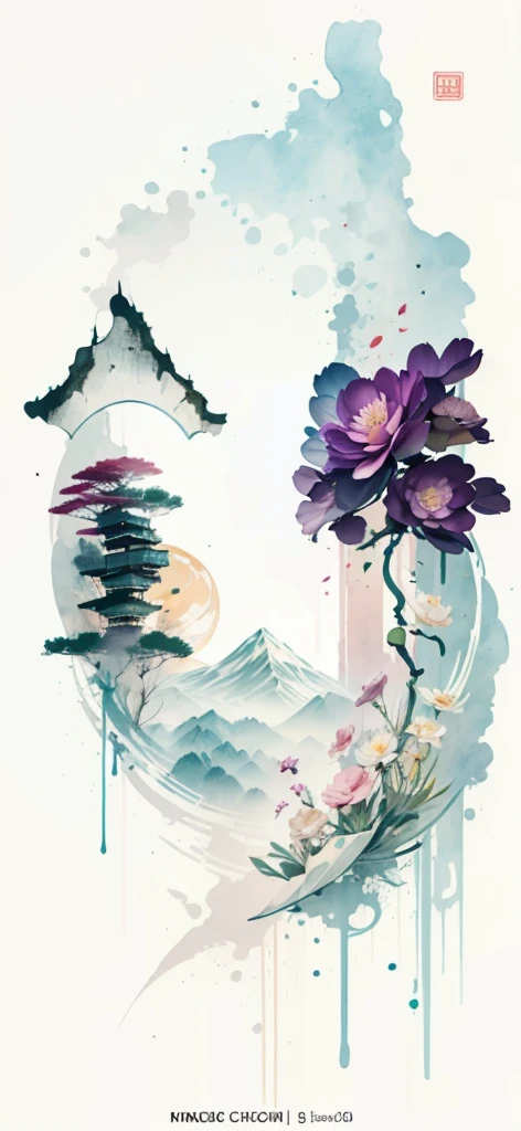 (Art by Numbers,Inks and washes:1.2),Nobody, Mountain々, wood, Rivers,Flowers,Lotus flower,Purple Flower,沢Mountainの花(Oriental elements, Chinese colors, Senior Color Matching), (3D sculpture,Rendering with Octane,Volumetric Light,Natural soft light,), (Very delicate:1.2, Losing focus:1.2, Very colorful, Cinema Lighting, Chiaroscuro,Ray Tracing), masterpiece, Super rich,Very detailed,8k, Zurrison_style_wonderful_wall