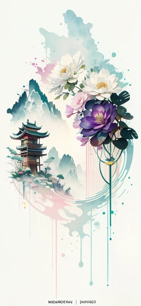 (Art by Numbers,Inks and washes:1.2),Nobody, Mountain々, wood, Rivers,Flowers,Lotus flower,Purple Flower,沢Mountainの花(Oriental elements, Chinese colors, Senior Color Matching), (3D sculpture,Rendering with Octane,Volumetric Light,Natural soft light,), (Very delicate:1.2, Losing focus:1.2, Very colorful, Cinema Lighting, Chiaroscuro,Ray Tracing), masterpiece, Super rich,Very detailed,8k, Zurrison_style_wonderful_wall