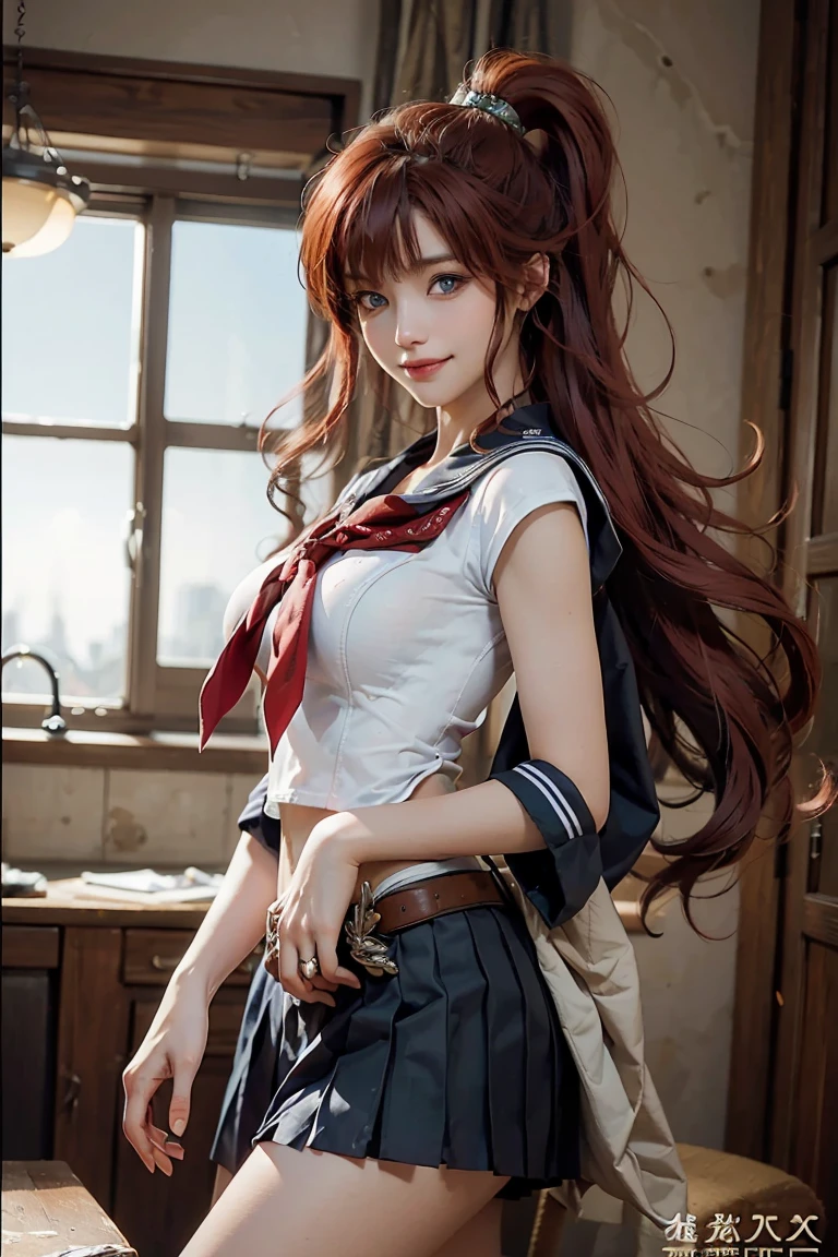 masterpiece, Highest quality, High resolution, Super detailed, smile, Woman with long red hair and bangs, Bright Blue Eyes, Beautiful girl looking at the camera, Sailor Warrior Uniforms,Front view,