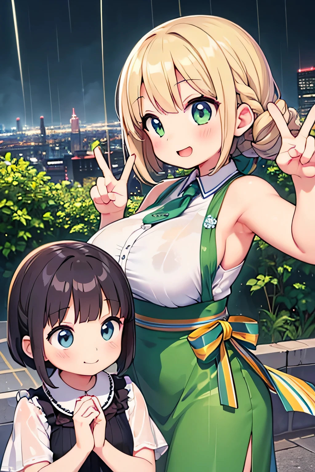Highest quality、High resolution、Detailed Background、Artistic、mysterious、(Beautiful face in every detail:1.4)、Anatomically correct、(Normal number of fingers:1.2)、(Highly detailed face:1.2)、(Detailed eyes)、Teenage beauty、(Huge breasts:1.2)、Perfect body line、Light color hair、Braided bob cut、ponytail、Wavy Hairstyle、well-groomed eyebrows、
(Two beautiful girls with big smiles on their faces against the backdrop of a cityscape after the rain:1.5)、
On the asphalt after the rain、Fresh green leaves are reflected、Wood in the valley between skyscrapers々The leaves sway as if taking a deep breath.、The rhythm of the raindrops changes into the chirping of birds, and the whole town becomes lively.、It's like a green oasis has appeared in the city's concrete jungle.、The young leaves shine against the backdrop of the buildings, adding color to the urban landscape.、The air after the rain is cool and comfortable、The steam rising from the asphalt mixes with the refreshing scent of new green leaves.、Reflected in the windows of a skyscraper、Sky after the rain and green wood々It's vivid to the eye、The hustle and bustle of the city is enveloped in the chirping of birds and the murmuring of streams.、It sounds somehow nostalgic、wood々The sound of raindrops running down the leaves and the sound of feet walking on the wet road create a pleasant rhythm.、The cityscape shines as if it has been reborn.、My heart, which had been feeling suffocated, felt a great sense of relief when I saw this scenery.、You can feel the power of nature even in the hustle and bustle of the city.、cute