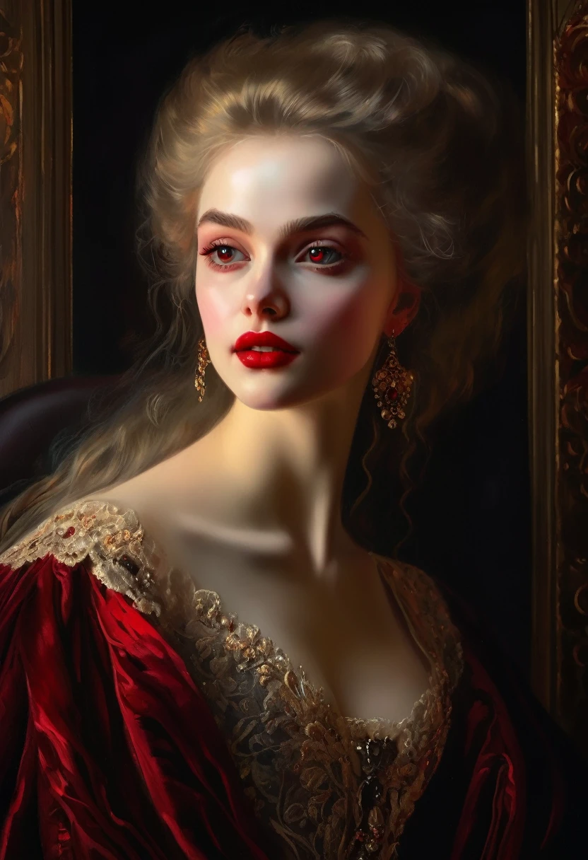 (High resolution,masterpiece:1.2),(Realistic:1.37)Portrait of an 18th century Russian vampire girl of unparalleled beauty. She has captivating red eyes and delicate rosy lips. Long fangs, The portrait is carefully drawn down to the smallest detail., Capture the subtle nuances of her features. She is wearing a beautiful silk gown, Adorned with intricate lace and delicate embroidery. This painting speaks of the luxury of the time., Luxurious velvet curtains and gold furniture in the background. The lighting is soft and diffused, Highlight the girl&#39;s graceful beauty. the colors are vivid and rich, Create compelling visual experiences. This portrait is painted in the classical portrait style., Reminiscent of the works of famous artists of the time. It exudes elegance, Grace, Sophistication. sharp long claws, (Crimson eyes:1.4), Flame-red eyes, (Sharp fangs visible through the gap between his lips:1.8), There is a bite mark on the neck.２There are two holes