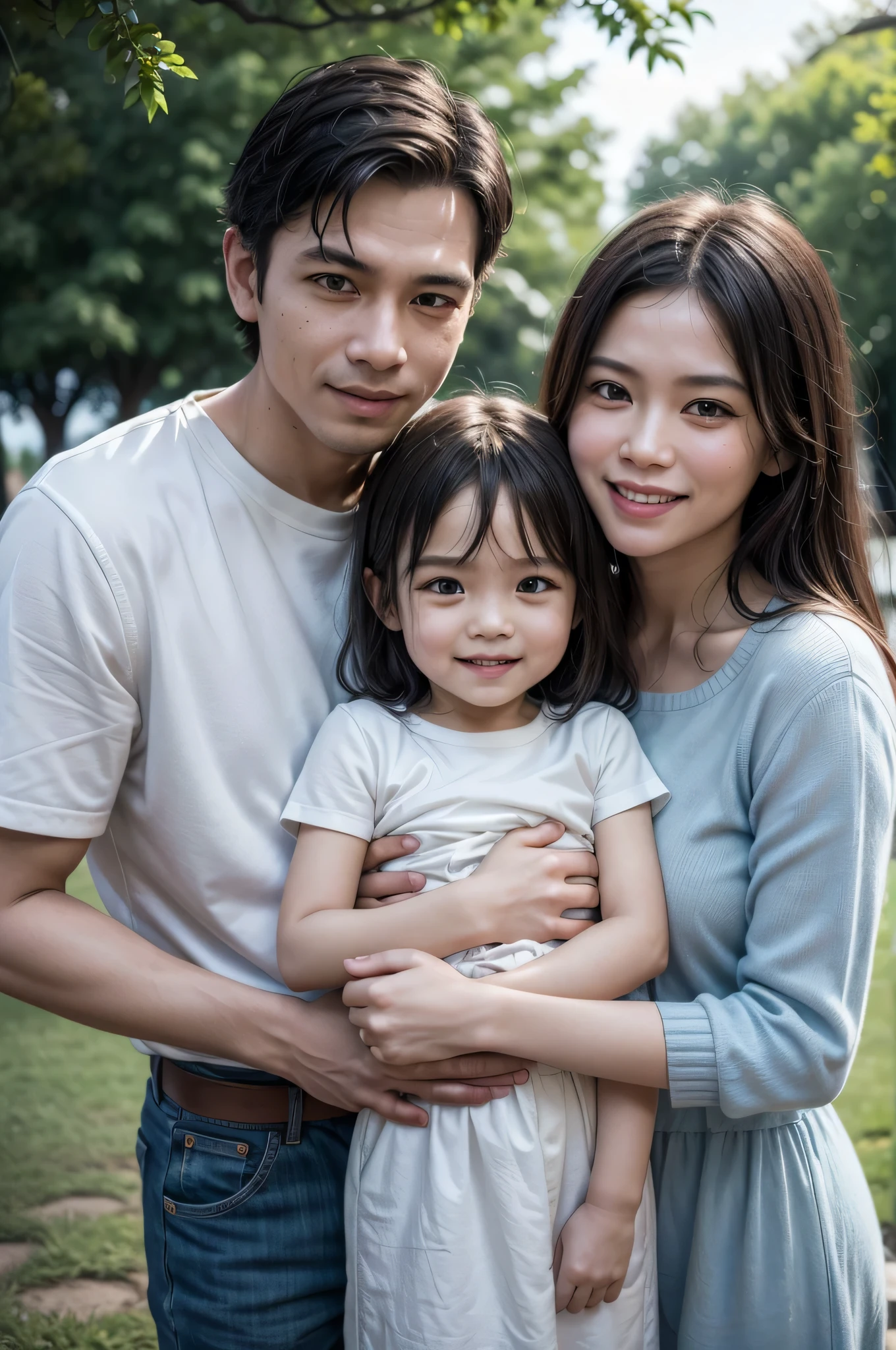 Description: Please generate a realistic image featuring a complete indonesian family consisting of a man and a woman who love each other and their 1 children. They should look very happy and joyful. The family should have a middle-class,javanese appearance and should be in the background of the image. The background should show a park on a sunny day and should be well appreciated. Ensure there is good lighting.
Colors: Use the following color palette:
Light Blue: #69CDFA
White
Additional Details:
Ensure the family members appear joyful and affectionate towards each other.
The scene should be detailed and visually appealing, capturing the warmth and happiness of the family.
The background should depict a park on a sunny day and should be well appreciated.
The overall image should be realistic, visually appealing, and refined.
The family should have the appearance of Argentine-Europeans, specifically Italo-Argentinians.
Take your time to ensure the image is highly detailed and well-crafted.