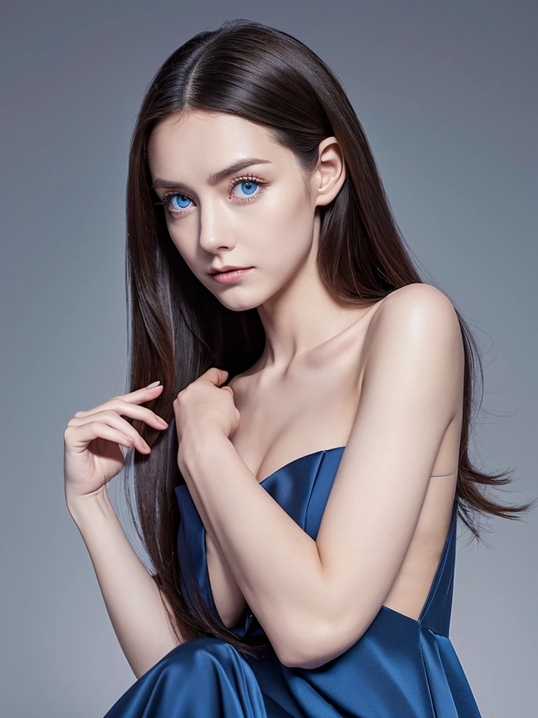 The female character must have: very long sky blue hair that reaches her ankles, big deep blue eyes, profiled and small nose, Small ears, very feminine lips, Your face should be round and your skin should be light., shoulders should be normal feminine, His arms are thin with small hands, his chest must be extremely large., his flat abdomen, must have prominent curves, very thick legs as well as long and finally his feet must be small. Must have a dark blue dress.