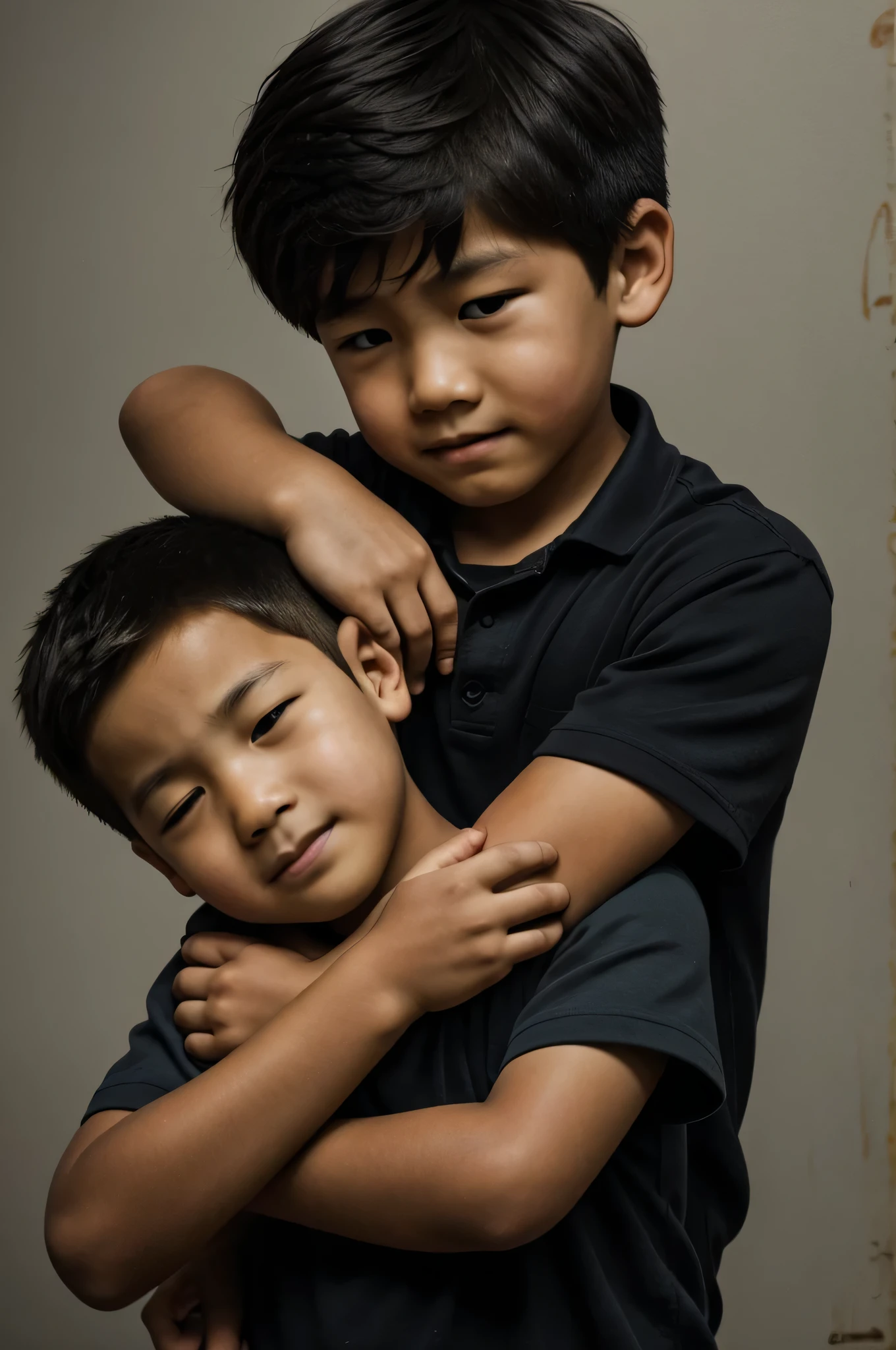 A boy with short brown hair who looks East Asian, the person whose hands are the only one visible in the picture grabs the boy's neck and squeezes hard, the boy's face is clearly in pain, but there is no struggle. He cannot be seen, the image is dark and the space is dark and black, only black charcoal was used in the painting, and for this reason the face and parts of the painting are blurred and imperceptible.