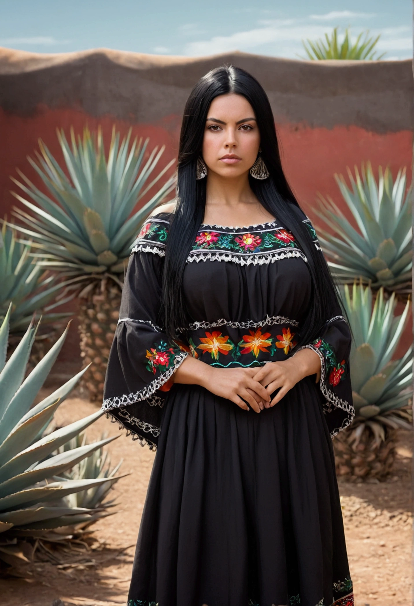 woman, long straight black hair, Mexican clothing, full body, large bust, looking at the camera, agave background, photorealistic