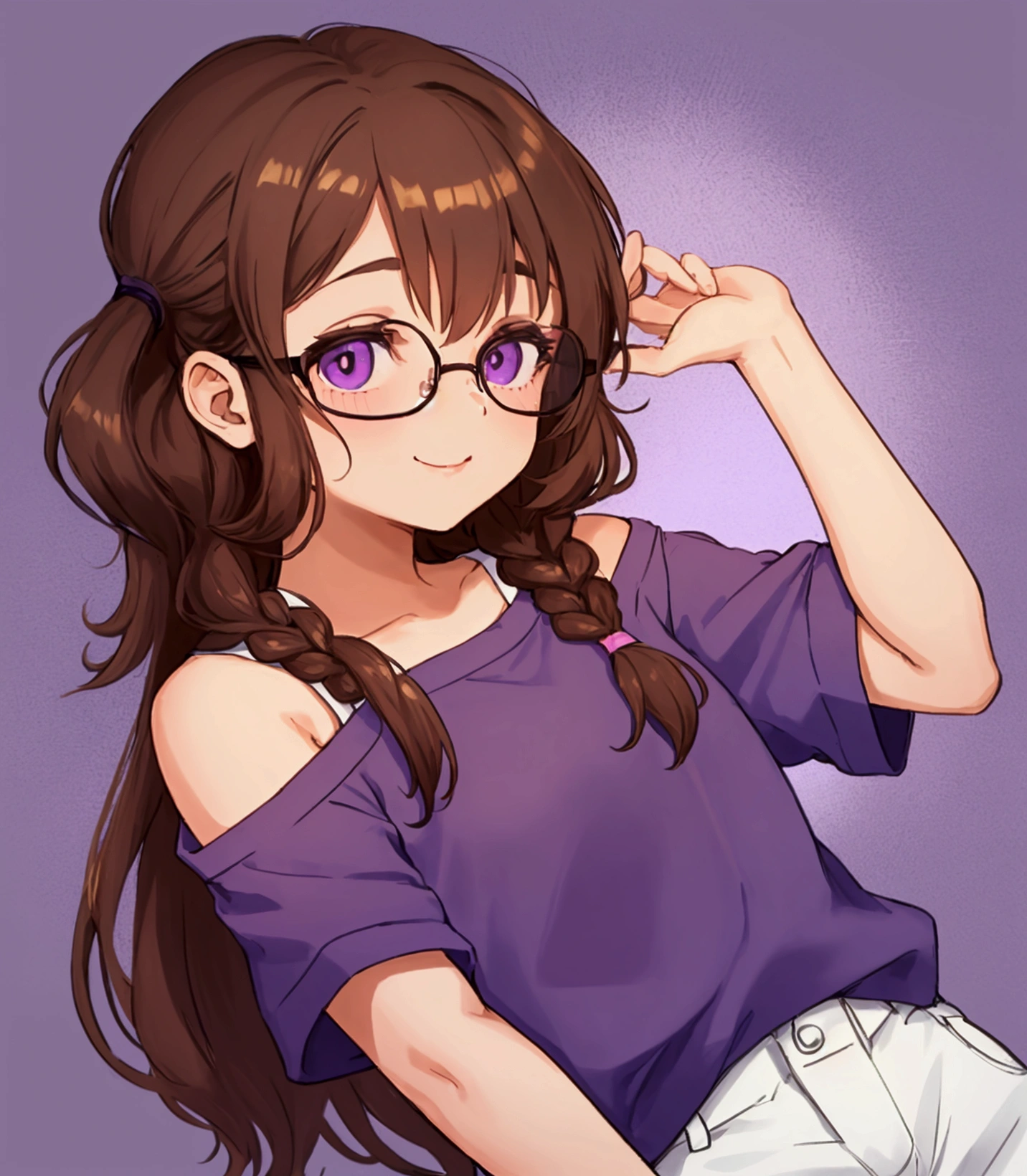 A young girl with glasses and short, flowing brown hair and brown skin. She is wearing a purple shirt and white shorts. She is standing in front of a black background. Her hair is long and loose to her shoulders. She has brown eyes and red glasses. She has a thin, friendly smile.