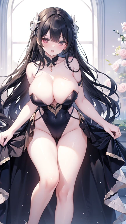 (Highest quality)), ((masterpiece)), (detailed), One woman,28歳のBeautiful woman,Married Woman,Very sexy,Big Breasts,
Beautiful woman,Beautiful Face,Big eyes,Beautiful Eyes,Well-formed double eyelids,Beautiful teeth alignment,8 head body,Beautiful body lines,Slender body,Beautiful Hands,Beautiful legs,Long hands,Long legs,Long and flexible hair,Shiny hair,Black hair,Full Body Shot,Embarrassed expression,blush,Half-open mouth,from below,Beautiful shoulders,Beautiful collarbone、Woman standing with legs apart,The viewer looks at the woman from below,